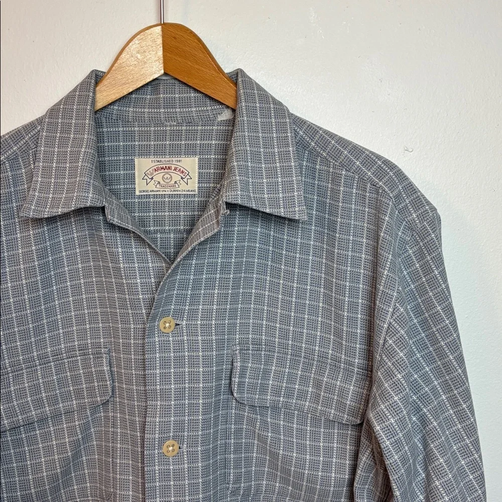 VTG Armani Jeans Men’s Gray Checkered Long Sleeve Button Up Shirt‎ Medium